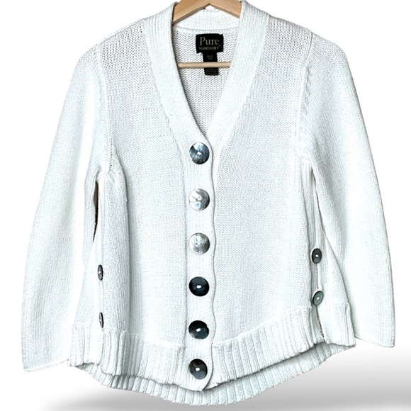 PURE HANDKNIT 100% Cotton White Button Front Cardigan Curved Hem M of P Buttons - Picture 1 of 9